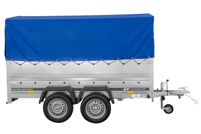 Lichte aanhanger 264x150 UNITRAILER GARDEN 265/2 KIPP met BIS-zijwanden, H-800 frame en blauwe afdekking