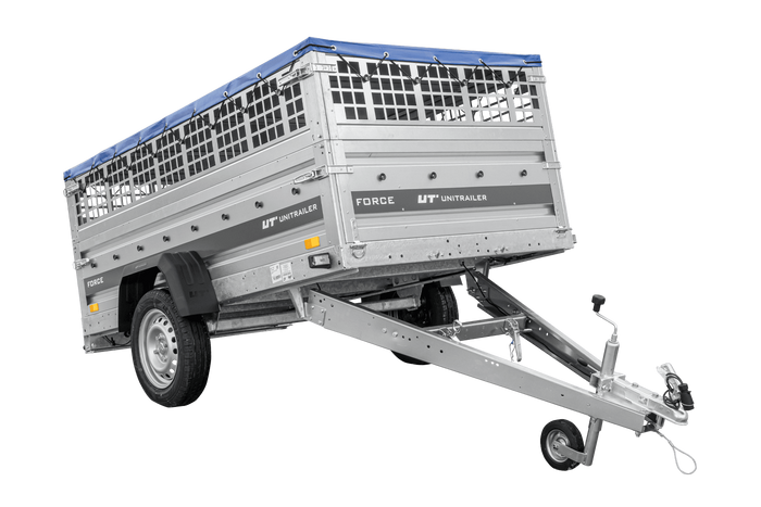 Remorque à un essieu 230x125 UNITRAILER FORCE 230 KIPP avec côtés grillagés, châssis H-0 et bâche bleue