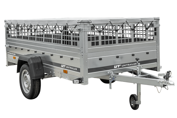Enkelassige aanhangwagen 264x125 UNITRAILER GARDEN 264 KIPP met gaaswanden en grijs dekzeil