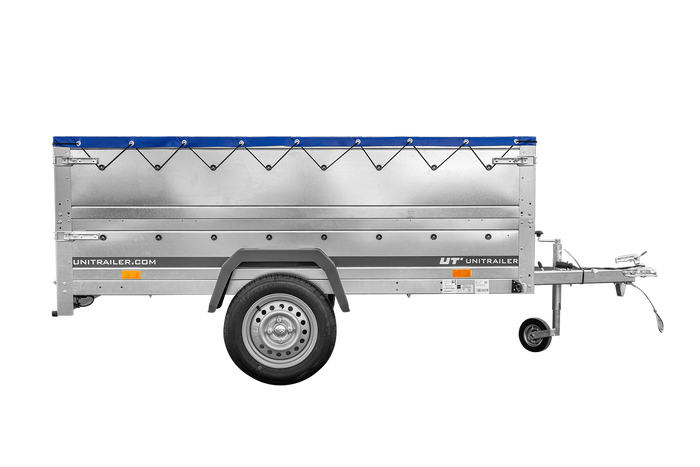 Unitrailer GARDEN TRAILER 230 FD remorque voiture avec roue jockey, côtés BIS et bâche plate bleue
