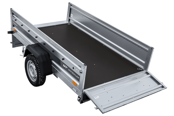 Autotransportaanhanger op veren 230x125 UNITRAILER FORCE 230/R KIPP met BIS-zijwanden, H-0 frame en grijze afdekking