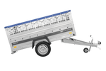 Enkelassige aanhanger 230x125 UNITRAILER FORCE 230 KIPP met gaaswanden, H-0 frame en blauwe afdekking.