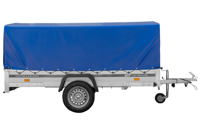 Remorque à un essieu avec côtés en aluminium 264x125 Unitrailer Garden 264 KIPP ALU avec châssis H-800 et bâche bleue