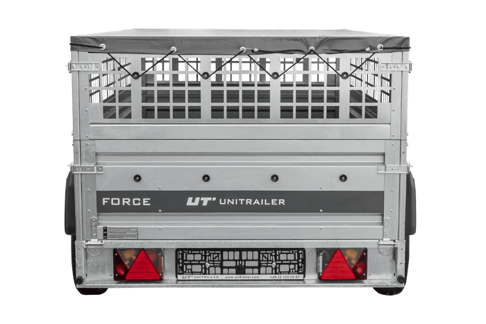 Enkelassige aanhanger 230x125 UNITRAILER FORCE 230 KIPP met gaaswanden, H-0 frame en grijze afdekking.