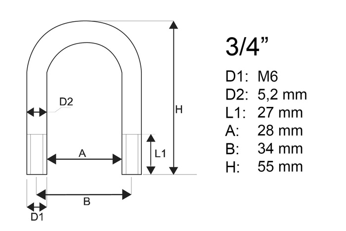 U-boulon galvanisé type B avec écrous et rondelles M6 x 28 (3/4")