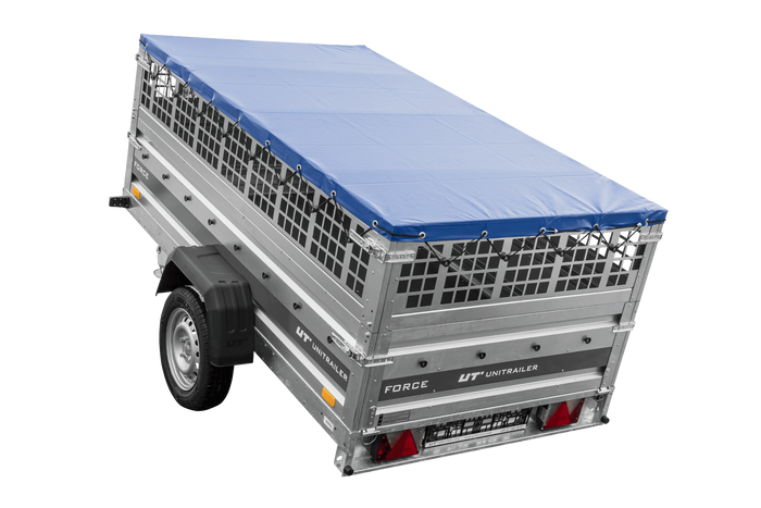 Enkelassige aanhanger 230x125 UNITRAILER FORCE 230 KIPP met gaaswanden, H-0 frame en blauwe afdekking.