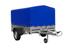 Enkelassige aanhangwagen op veren 200x125 UNITRAILER GARDEN 201/R KIPP met H-800 frame en blauw dekzeil