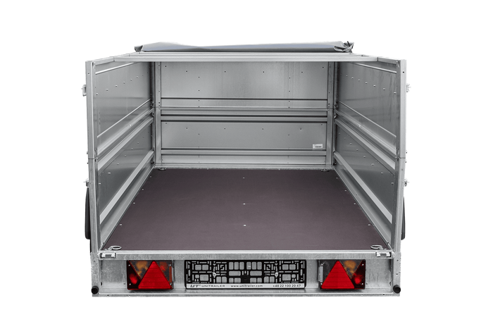 Autotransportaanhanger op veren 230x125 UNITRAILER FORCE 230/R KIPP met BIS-zijwanden, H-0 frame en grijze afdekking