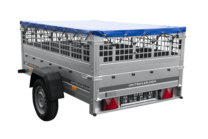 Enkelassige aanhanger 200x125 UNITRAILER GARDEN 201 KIPP met gaaswanden en blauwe afdekking