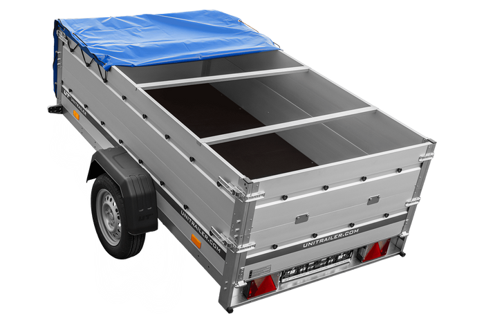 Remorque à un essieu avec côtés en aluminium 230x125 Unitrailer Garden 230 KIPP ALU avec côtés BIS, châssis H-0 et bâche bleue