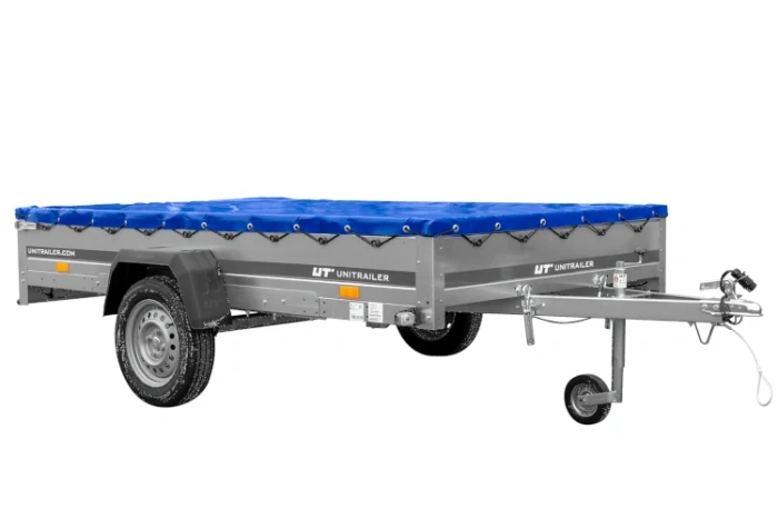 Enkelassige aanhanger op veren 264x150 UNITRAILER GARDEN 265/R KIPP met H-0 frame en blauwe afdekking