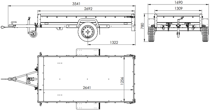 Remorque porte-voitures à côtés en aluminium 264x125 Unitrailer Garden 264 KIPP ALU avec châssis H-1100 et bâche grise