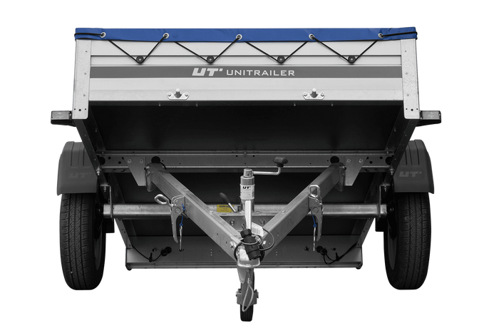 Remorque à un essieu avec côtés en aluminium 200x125 Unitrailer Garden 201 KIPP ALU avec châssis H-0 et bâche bleue