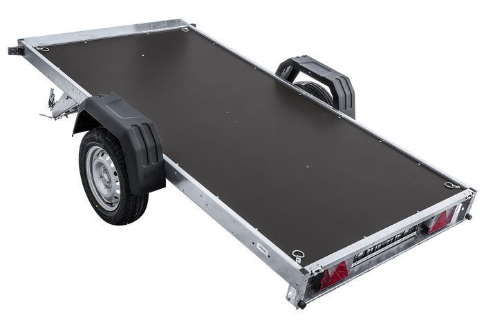 Enkelassige aanhanger 264x125 UNITRAILER FORCE 264 KIPP met gaaswanden, H-0 frame en blauwe afdekking.