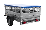Enkelassige aanhanger 200x125 UNITRAILER GARDEN 201 KIPP met gaaswanden en blauwe afdekking
