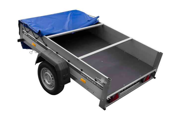 Remorque à un essieu avec côtés en aluminium 200x125 Unitrailer Garden 201 KIPP ALU avec châssis H-0 et bâche bleue