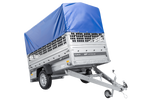 Enkelassige aanhanger 230x125 UNITRAILER FORCE 230 KIPP met gaaswanden, H-0 frame en blauwe afdekking.
