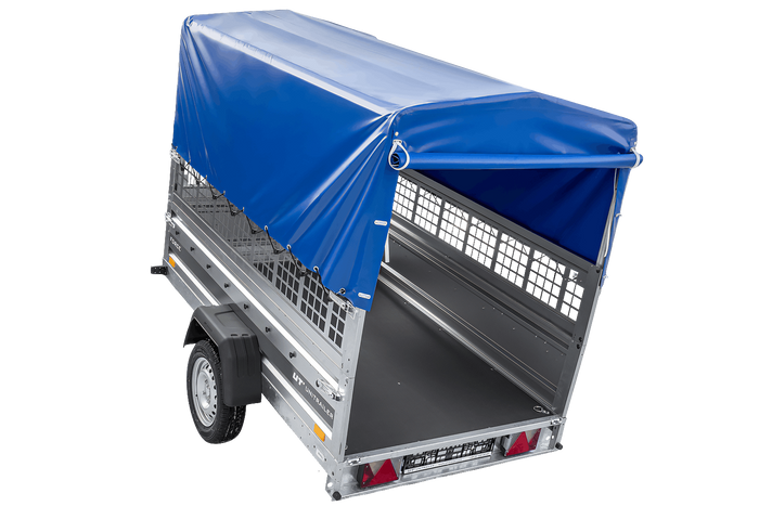 Enkelassige aanhanger 230x125 UNITRAILER FORCE 230 KIPP met gaaswanden, H-0 frame en blauwe afdekking.