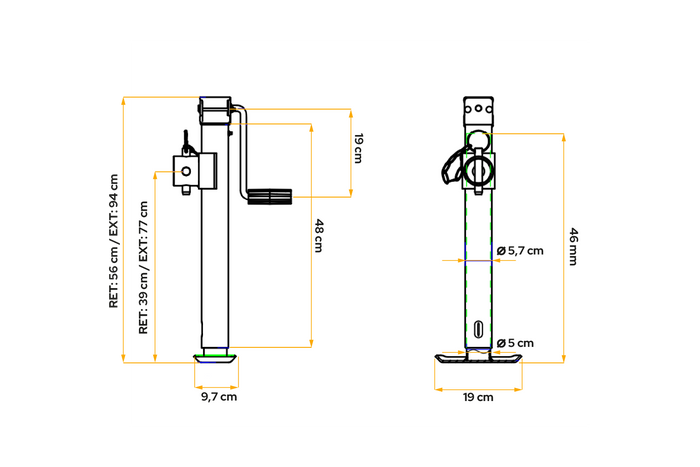 Support de manivelle extensible UNITRAILER TJ5002 pour remorque plateau 1300 kg, 560-940 mm