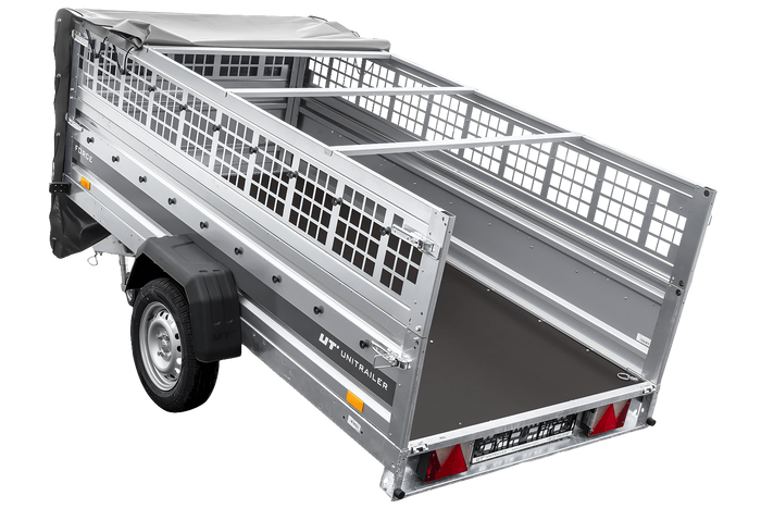 Remorque à un essieu 264x125 UNITRAILER FORCE 264 KIPP avec ridelles grillagées, châssis H-0 et bâche grise