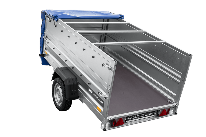 Remorque porte-voitures sur ressorts 230x125 UNITRAILER FORCE 230/R KIPP avec côtés BIS, châssis H-0 et bâche bleue