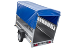Enkelassige aanhanger 230x125 UNITRAILER FORCE 230 KIPP met gaaswanden, H-0 frame en blauwe afdekking.